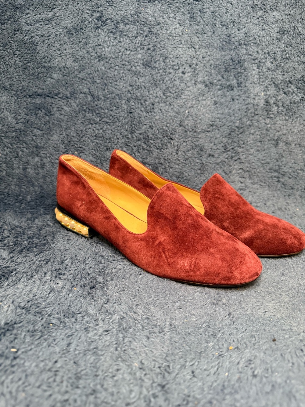 Nine West Burgundy Suede Slip-On Loafers with Studded Heel